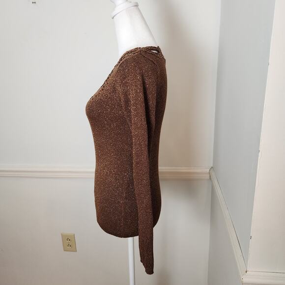 Once Again Sweater Sz Small Women Metallic Gold Brown Ribbed Sequin Fairy Grunge - Picture 5 of 12